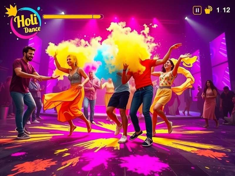 Holi Dance Delight game screenshot showing players dancing with colors